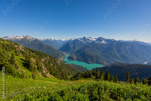 Amazing mountain view, green grass and snowy peaks. Sourdough Ridge Trail © khomlyak
