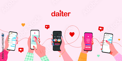 Online dating service application. Hands holding smartphone with dating app. Modern young people looking for a couple. Concept of social media, virtual relationship communication. Dating app design