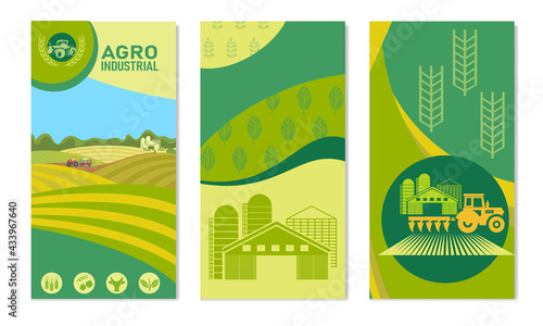 A set of banners with the concept of agriculture, crop production, and farming. Vector illustrations of farmland, rural landscape, tractor in the field.