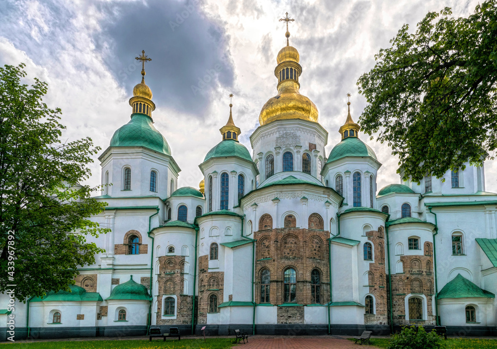Kyiv, Ukraine - May 14, 2021: Saint Sophia Cathedral in Kiev, Ukraine. The famous historical monument, built by Prince Yaroslav the Wise in 1037. Ancient Christian Orthodox churches with golden domes