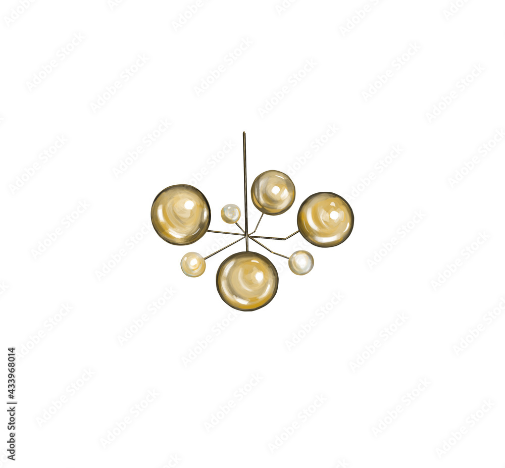 Gold chandelier with balls isolated on a white background. Lighting. Lamps. Interior. Contemporary. Hi-tech. Interior accessories. Hand drawing. Illustration.