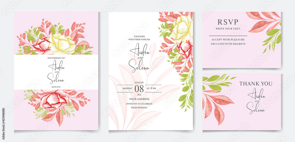 Floral wedding invitation template set with brown and peach roses flowers and leaves decoration. watercolor floral frame and border decoration. botanic illustration for card composition design