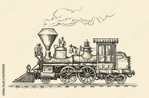 Retro steam locomotive transport sketch. Hand drawn train vintage vector illustration