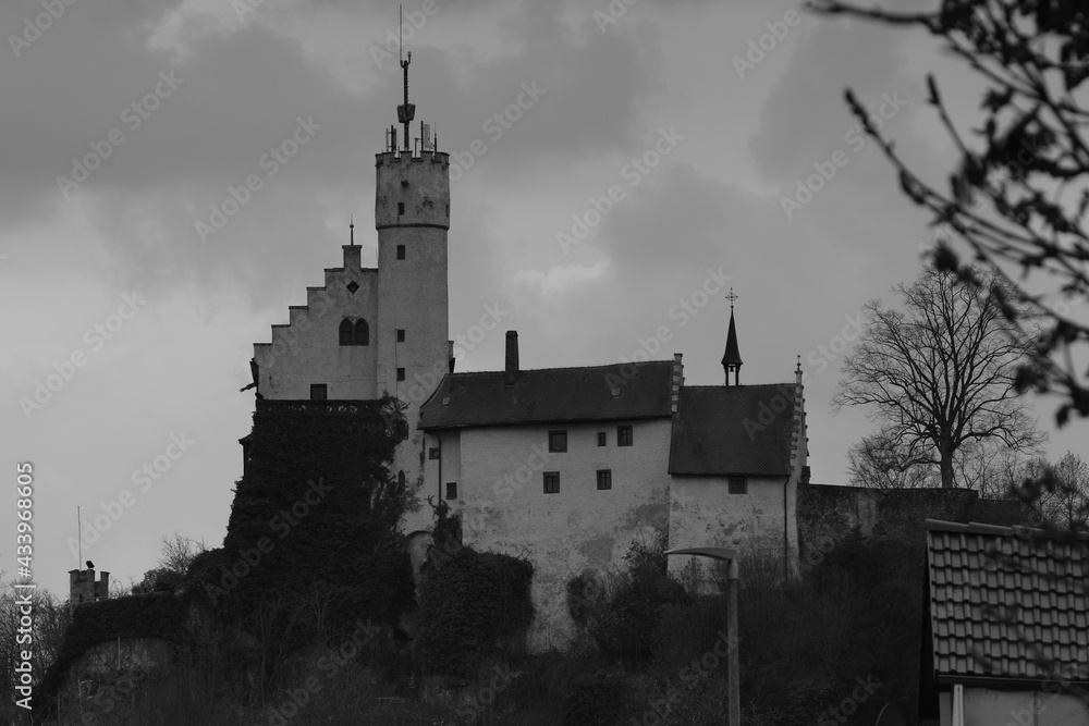 scenic view in black and white of a medieval castle in upper franconia