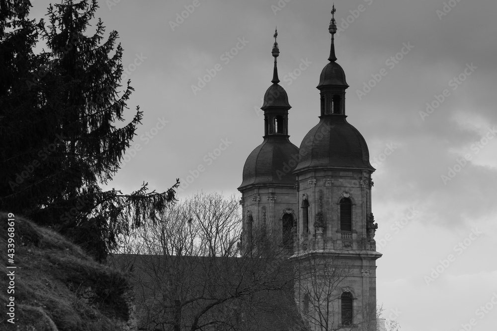 two towers of a basilica in monochrome two towers of a basilica in monochrome