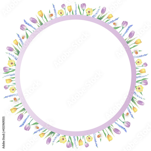 Aquarelle floral copy space frame with flowers around the circle. Watercolor hand painted square greeting card for wedding, easter, birthday, holidays. Frame with purple tulips.