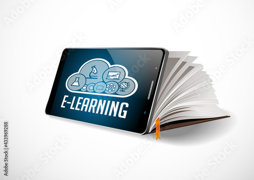 Elearning concept - mobile phone as book with word E-LEARNING