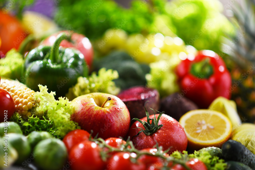 Composition with variety of fresh organic vegetables and fruits