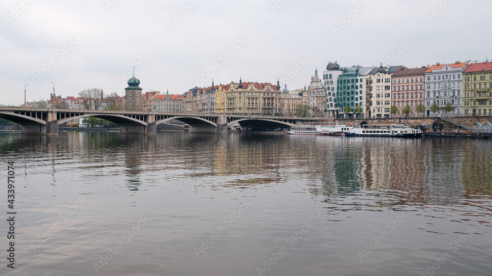 Riverside and bridge in Prague and flood threat.