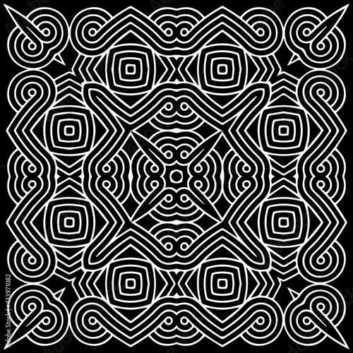 Ethnic scandinavian celtic pattern on a black background. Geometric isolated black white element for ornament. Template for design, creativity, wallpaper, textiles, coloring.