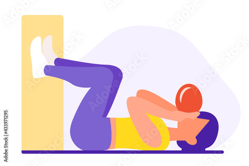 Girl inflates balloon while lying on floor. Retain Breathing Mechanics in Modern Manual Therapy. Postural Restoration. Physical Therapy. Exercise to strengthen breathing. Vector flat illustration