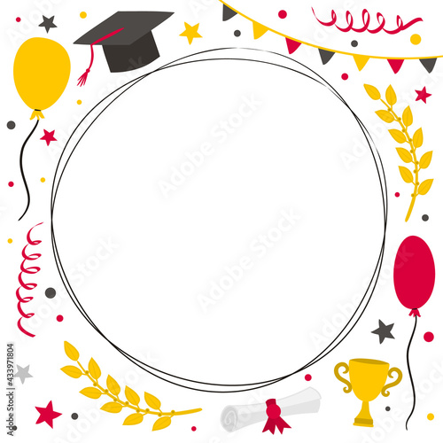 Round graduation frame with doodle style elements. Hand drawn holiday background with flags, balloons, laurel branches, stars and a graduate cap. Vector illustration.