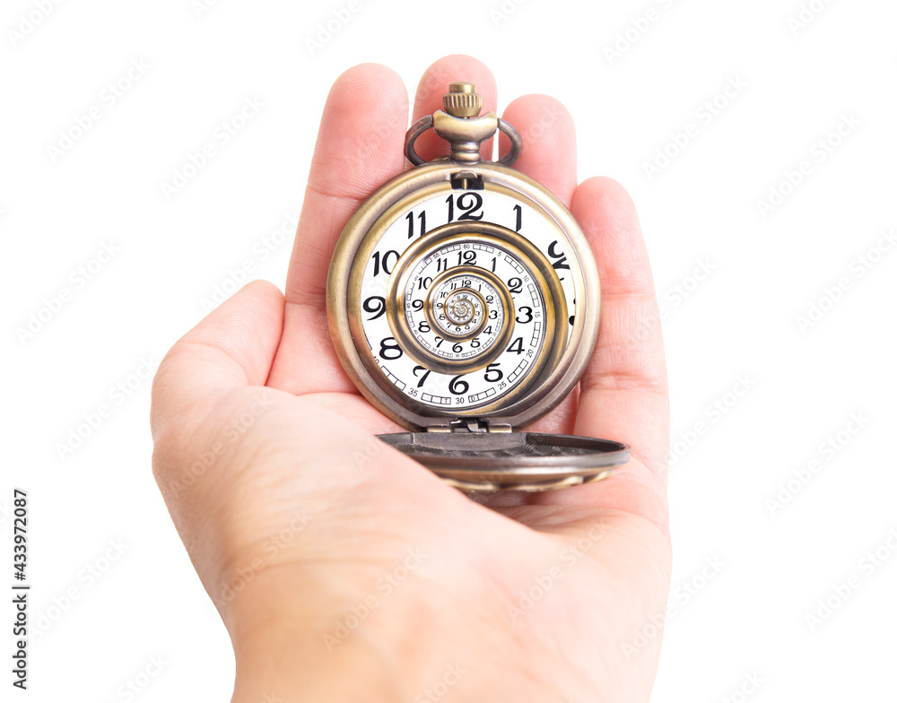 Pocket watch with a swirled watch face in a female's hand isolated on white Pocket watch with a swirled watch face in a female's hand isolated on white