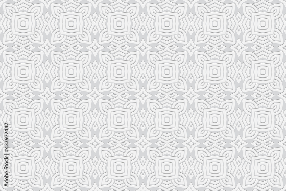 3D volumetric convex embossed geometric white background. Ethnic pattern in the style of doodling, based on the peoples of the East and Asia.
Original ornament for wallpaper, website, textile. 3D volumetric convex embossed geometric white background. Ethnic pattern in the style of doodling, based on the peoples of the East and Asia.
Original ornament for wallpaper, website, textile.
