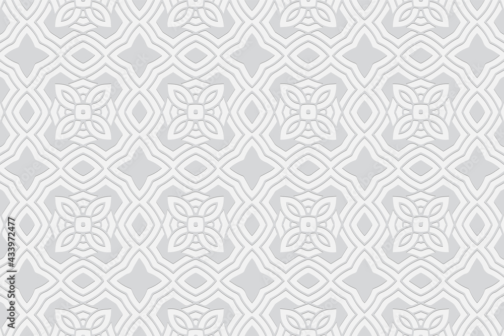 3D volumetric convex embossed geometric white background. Ethnic pattern in the style of doodling, based on the peoples of the East and Asia.
Artistic ornament for wallpaper, website, textile.