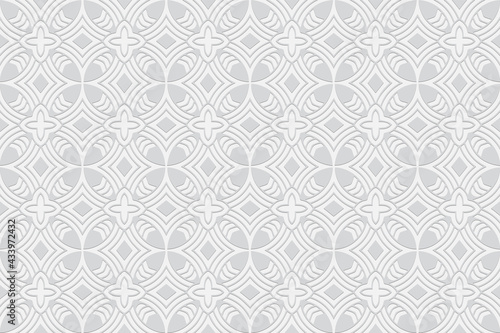 3D volumetric convex embossed geometric white background. Ethnic pattern in the style of doodling, based on the peoples of the East and Asia. Trendy ornament for wallpaper, website, textile.