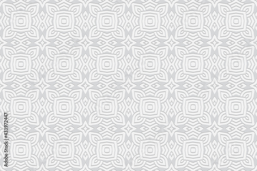 3D volumetric convex embossed geometric white background. Ethnic pattern in the style of doodling, based on the peoples of the East and Asia.
Original ornament for wallpaper, website, textile.