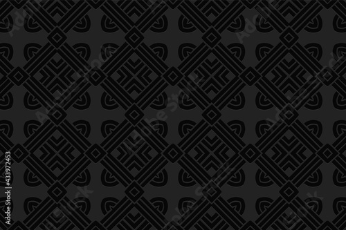 3D volumetric convex embossed geometric black background. Ethnic pattern in the style of doodling, based on the peoples of the East and Asia.
An original beautiful ornament for wallpaper, website.