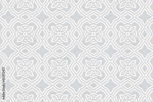 3D volumetric convex embossed geometric white background. Ethnic pattern in the style of doodling, based on the peoples of the East and Asia.
Artistic ornament for wallpaper, website, textile.