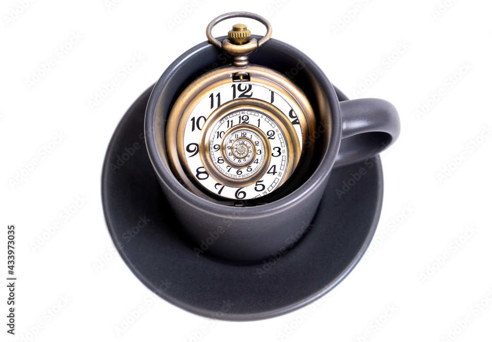 Pocket watch with a swirled watch face in a coffee cup isolated on white