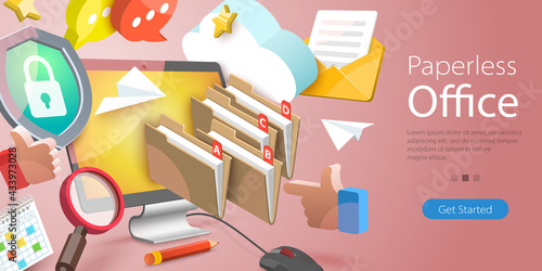 3D Vector Conceptual Illustration of Paperless Office, Document Management System, Searching Files in Organized Archive.