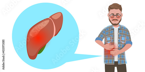 3D Flat Vector Conceptual Illustration of Man with Liver Pain, Effects of Poor Nutrition on Human Body