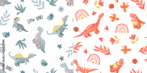 Fototapeta Naklejka Na Ścianę i Meble -  Seamless cute dinosaur pattern. Colorful dino background for kids. Childish vector design for textile and packaging, nursery wallpaper