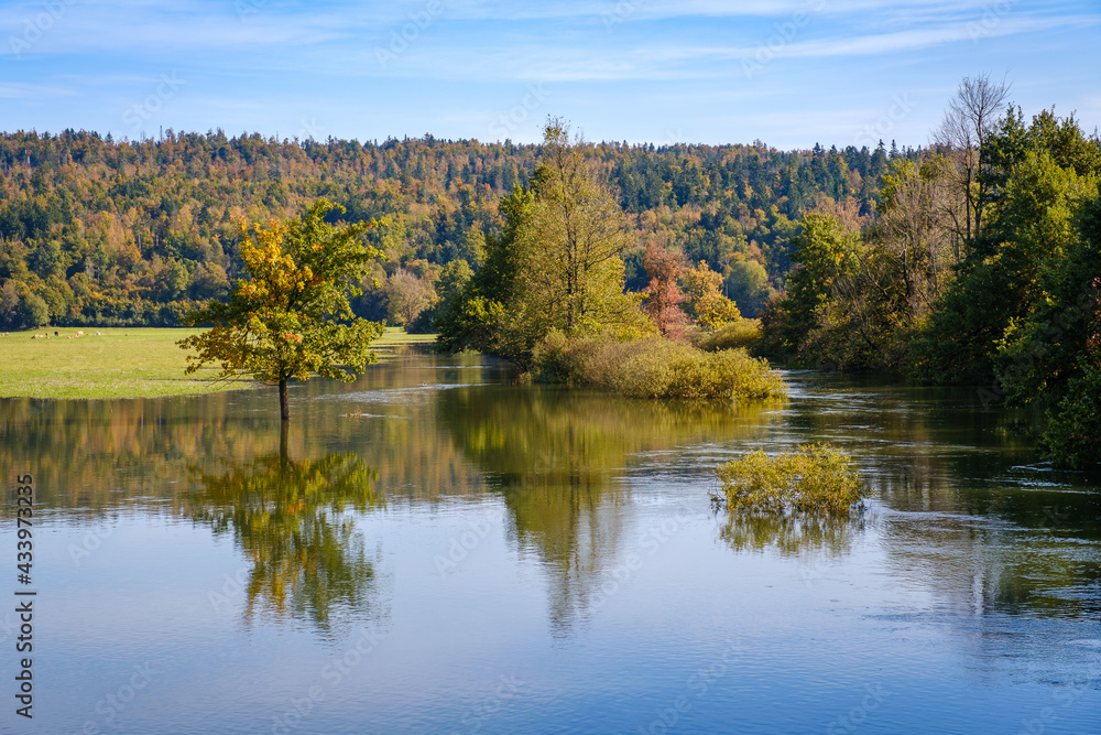 Flooded Planina plain in autumn in Slovenia