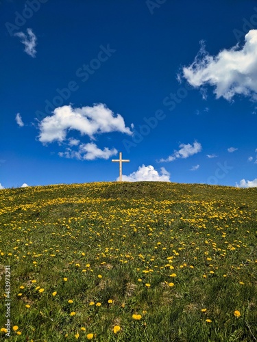 Summit cross on the hill with lots of beautiful dandelion flowers. Huettchopf in the Zurich Oberland above Fischenthal photo