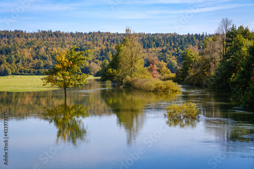 Flooded Planina plain in autumn in Slovenia
