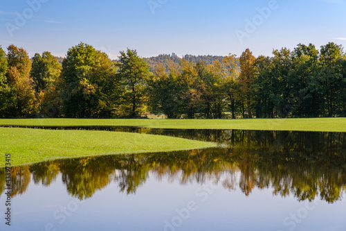 Flooded Planina plain in autumn in Slovenia