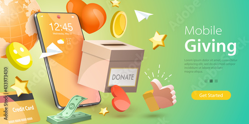 3D Vector Conceptual Illustration of Donation Money, Mobile Charity Apps, Online Easy Giving
