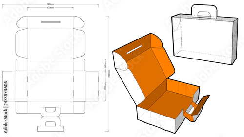 Folding Box With Handle (Internal measurement 30x20x8cm) and Die-cut Pattern. The .eps file is full scale and fully functional. Prepared for real cardboard production.