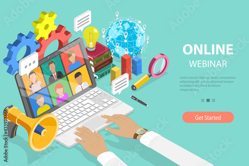 3D Isometric Flat Vector Conceptual Illustration of Online Webinar, Video Conferene, Work Form Home.