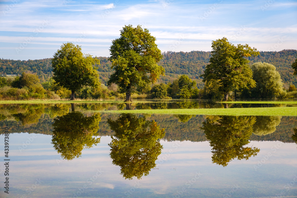 Fototapeta premium Flooded Planina plain in autumn in Slovenia