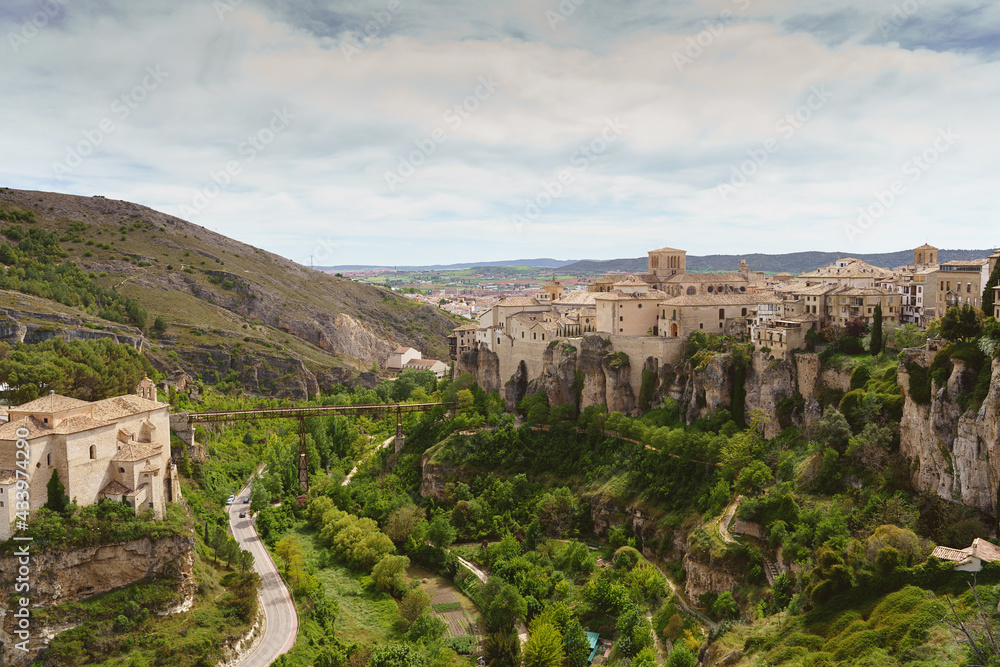 Horizontal panoramic view of the european ancient city of Cuenca in Spain. Landscape and travel holidays concept outdoors in Europe.