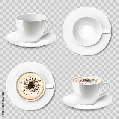 3d realistic vector cup of cappuccino or latte coffee , top view, side view. Set of coffee cups or mug with saucer, isolated on a transparent background