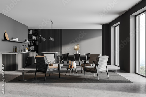 Modern design kitchen living room interior. dining table with six chairs  4 armchairs and coffee table. panoramic windows. 3d rendering.