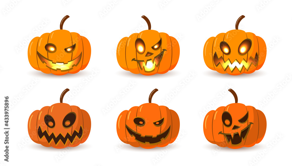 Halloween pumpkin icon set. Autumn symbol. 3D design. Halloween scary pumpkin face, smile, candle light, branch. Orange squash silhouette isolated white background. Cartoon colorful Vector llustration Halloween pumpkin icon set. Autumn symbol. 3D design. Halloween scary pumpkin face, smile, candle light, branch. Orange squash silhouette isolated white background. Cartoon colorful Vector llustration
