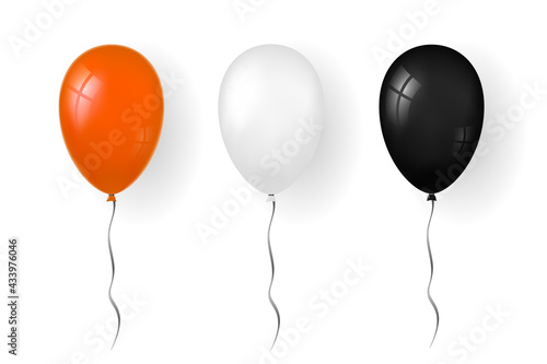 Balloon 3D icon, isolated white background. Baloon mockup for Halloween party celebration. Realistic black orange silver design. Helium gift ballon with ribbon. Glossy decoration. Vector illustration