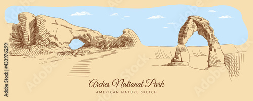 Fotografiet Color sketch of Arches National Park, USA, hand-drawn.