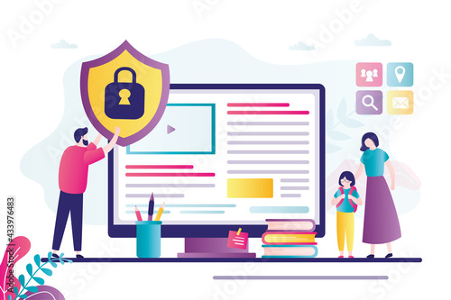 Parents provide safe internet for daughter. Father blocks prohibited content. Mom and dad using content control software