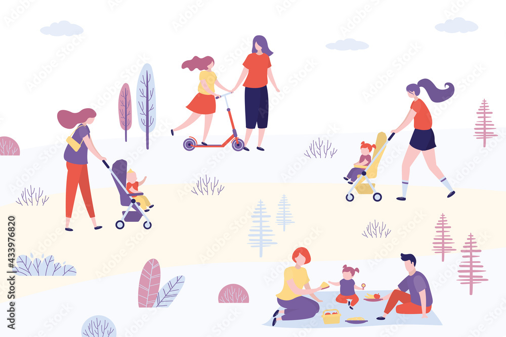 Various people walking in park. Active humans on nature. Male and female characters spend time with children. Weekend, summer time. Funny humans doing sports outdoors. Various people walking in park. Active humans on nature. Male and female characters spend time with children. Weekend, summer time. Funny humans doing sports outdoors.