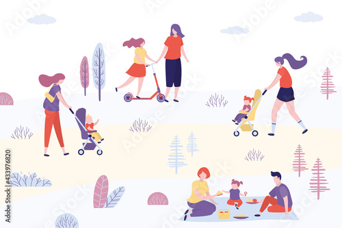 Various people walking in park. Active humans on nature. Male and female characters spend time with children. Weekend  summer time. Funny humans doing sports outdoors.