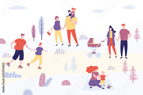 Various people walking in park. Active humans on nature. Male and female characters spend time with children. Weekend, summer time. Funny humans doing sports outdoors.