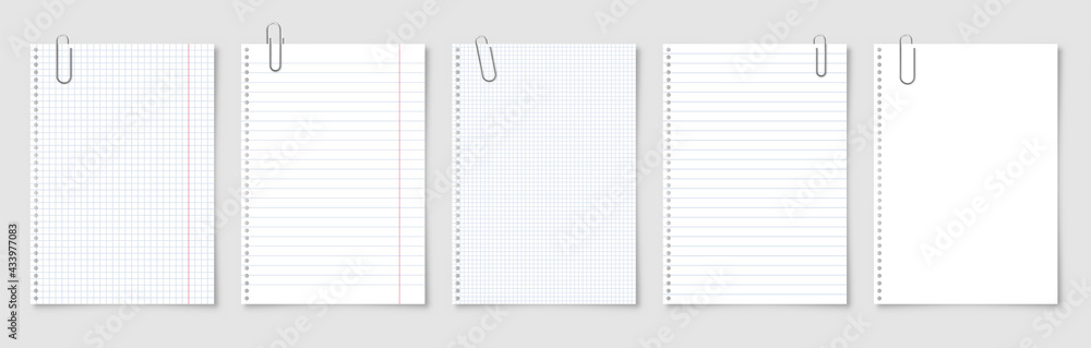 Realistic blank paper sheets in A4 format with metal clip, holder on gray background. Notebook page, document. Design template or mockup. Vector illustration. Realistic blank paper sheets in A4 format with metal clip, holder on gray background. Notebook page, document. Design template or mockup. Vector illustration.