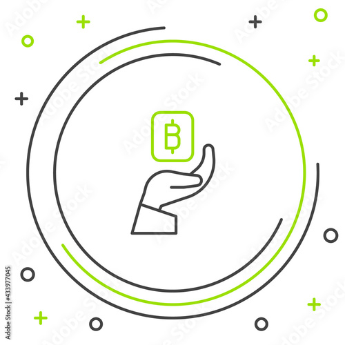 Line Hand holding Bitcoin icon isolated on white background. Blockchain technology, digital money market, cryptocoin wallet. Colorful outline concept. Vector
