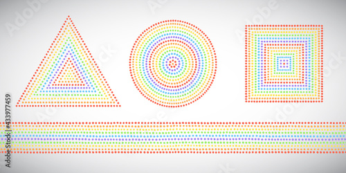 Set of rainbow geometric dot shapes, graphic design elements, frame or border templates. Dotted triangle, square, circle shapes. Colorful lgbt text backgrounds made of dots, hand drawn round blobs.