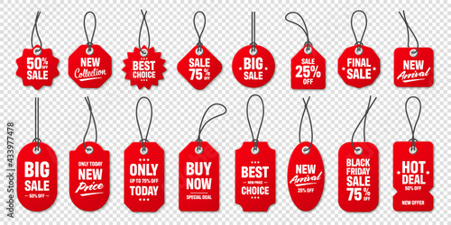 Realistic red price tags collection. Special offer or shopping discount label. Retail paper sticker. Promotional sale badge with text. Vector illustration.