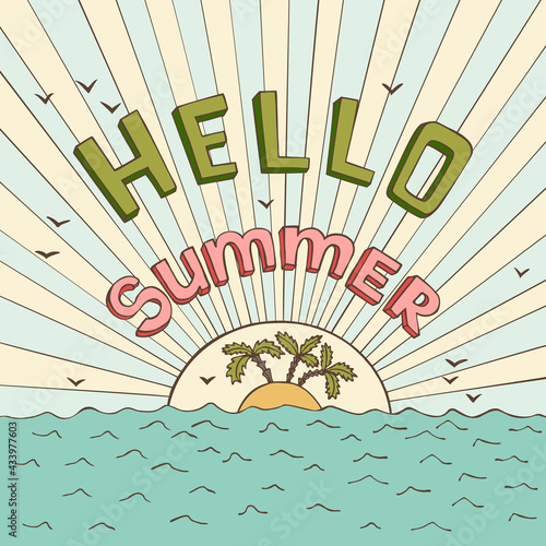 Illustration of the sun and an island on the sea with HELLO SUMMER lettering, banner in cartoon style
